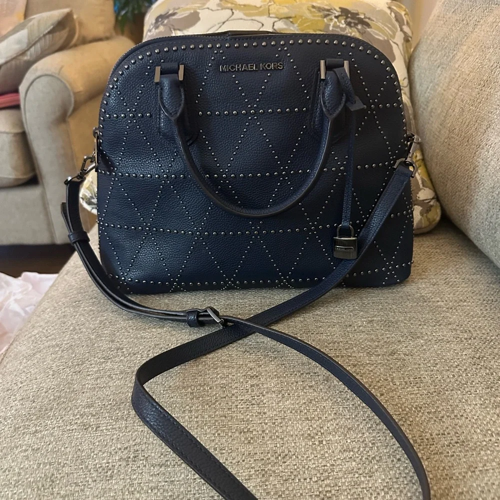 Michael Kors Navy Blue Adele Studded Women's Shoulder‎ Bag with Lock Charm - Picture 13 of 15